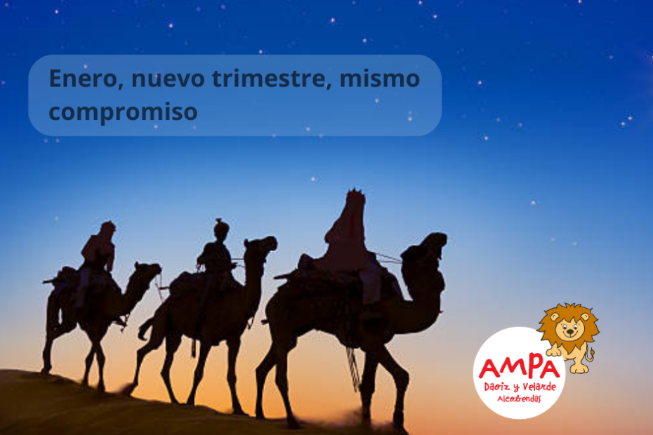 los reyes magos en su camello por el desierto con el logotipo de la AMPA Daoiz y Velarde