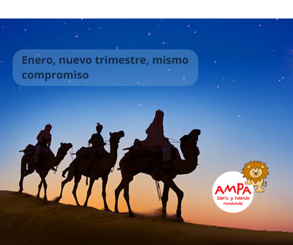 los reyes magos en su camello por el desierto con el logotipo de la AMPA Daoiz y Velarde